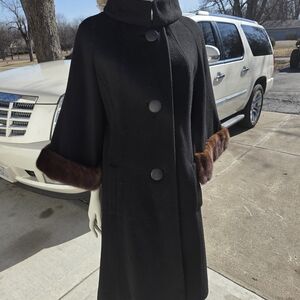 Vintage 1970's Lilli Ann Black Coat with Brown Fur Trim